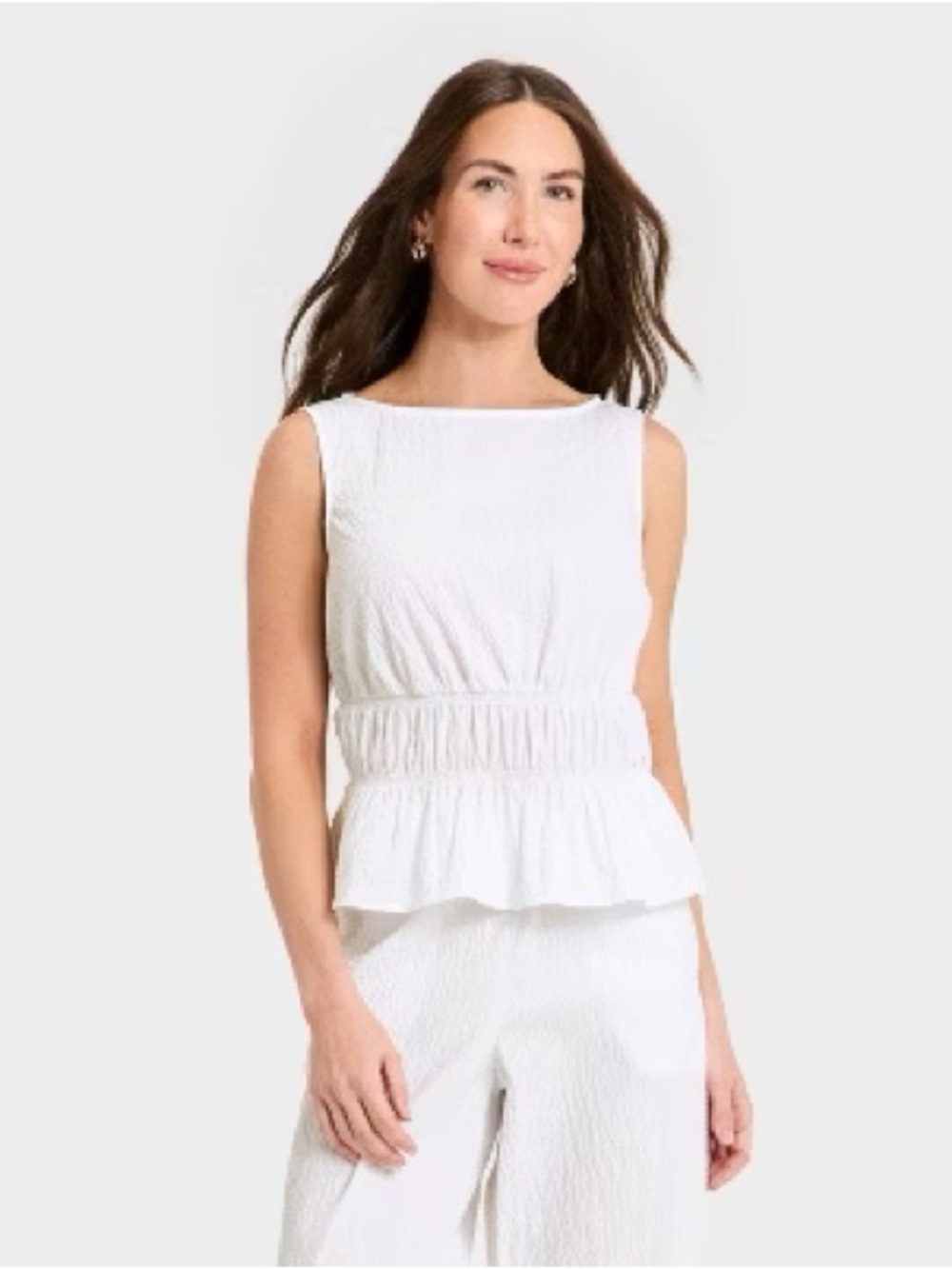 A New Day white seersucker peplum top with a smocked waist /Size Small